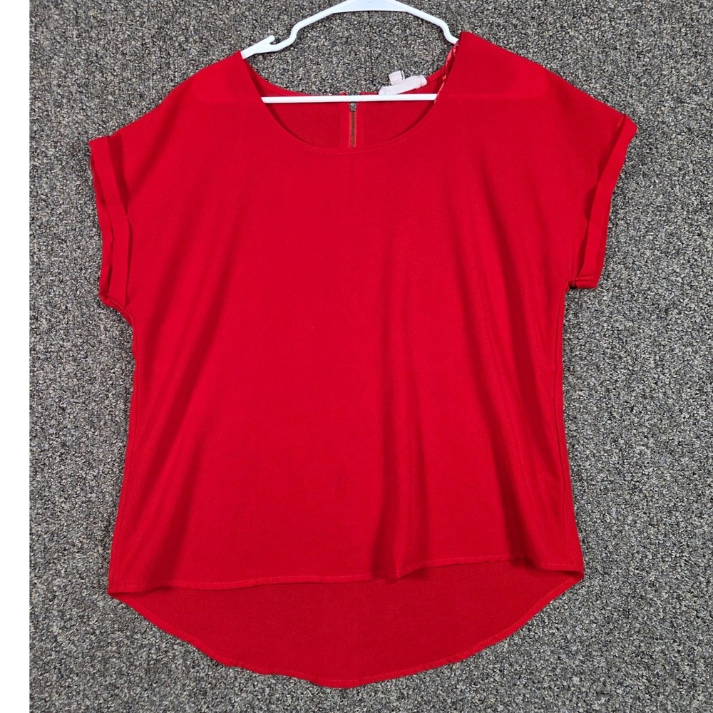 Hippie Rose Blouse Womens XL Red High Low Back Zip Short Sleeve Top